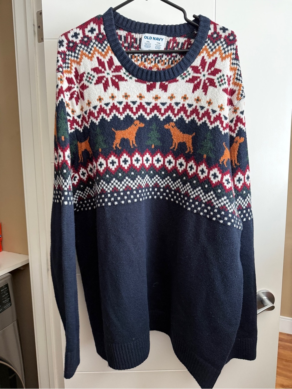 Old Navy Navy Crewneck Fair Isle Sweater with Orange Dog Motifs